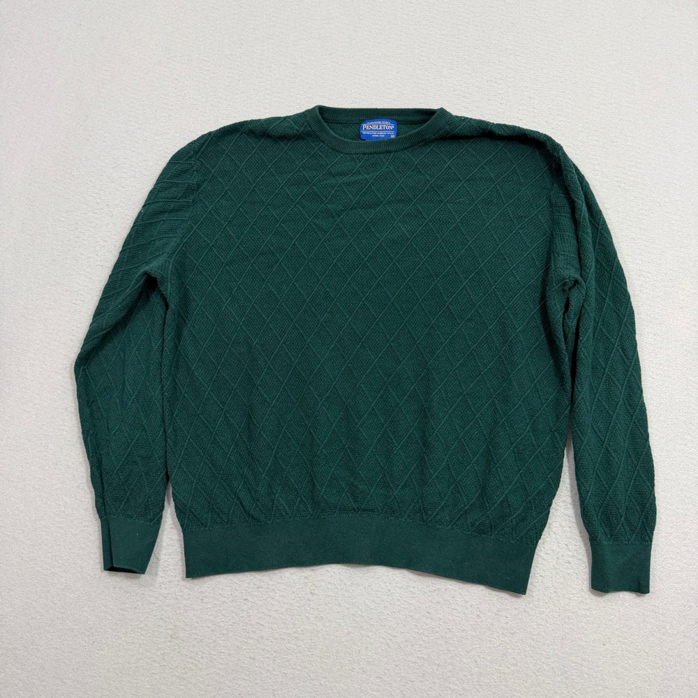 Pendleton Sweater Men's XL Green Crew Neck Diamond Knit Cotton Merino Wool Prep